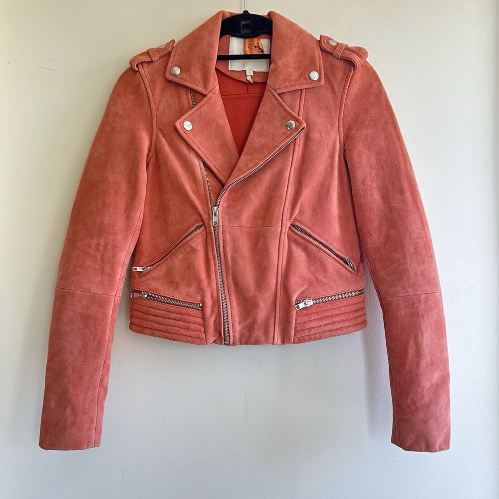 Maje‎ Women's Biker Moto Jacket Suede Leather Coral Red FR36 XS/XXS Full Zip